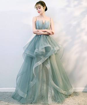 Spaghetti Straps Ball Gown Green Tulle Long Prom Formal Dress