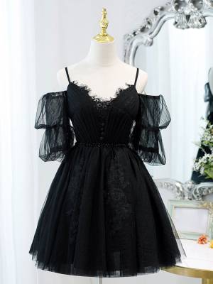 Black Lace V-neck A-line Short/Mini Prom Party Homecoming Dress