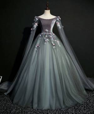 Gray/Green Tulle Lace Long Prom Formal Dress