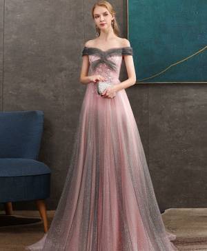 Pink Tulle With Sequin Long Prom Formal Dress