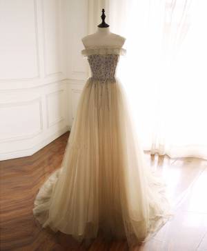 Champagne Tulle With Sequin/Beads Long Prom Formal Dress
