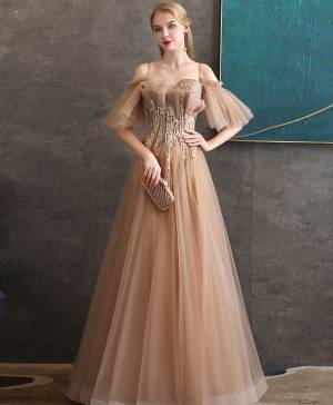 Champagne Tulle Lace Long Prom Formal Dress