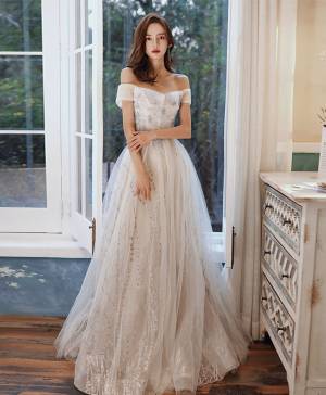 Champagne Tulle Simple Long Prom Formal Dress