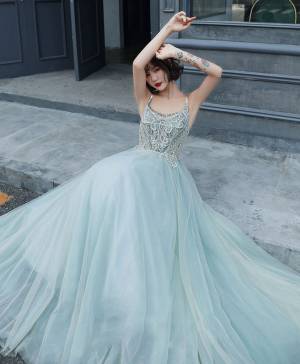 Blue Tulle Lace Long Prom Formal Dress