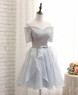 Gray Lace-sleeve Short/Mini Cute Prom Homecoming Dress