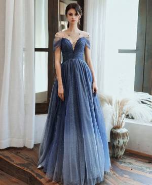 Blue Tulle Off-the-shoulder With Sequin Long Prom Evening Dress