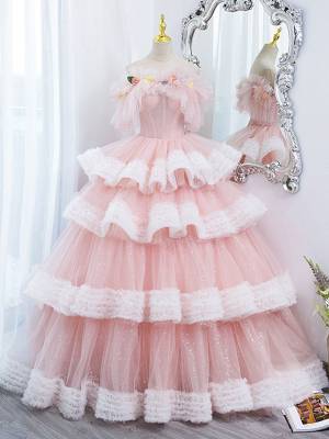 Pink Tulle Off-the-shoulder Long Prom Sweet 16 Dress