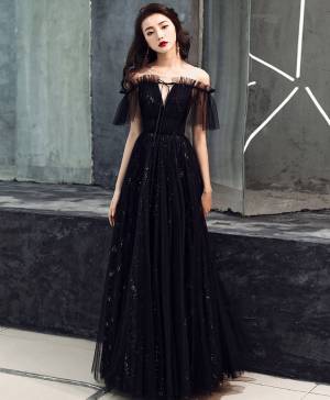 Black Tulle Off-the-shoulder Long Prom Formal Dress