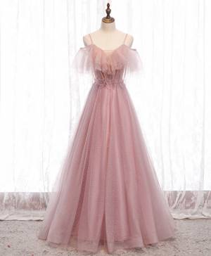 Spaghetti Straps Pink Tulle Long Prom Formal Dress