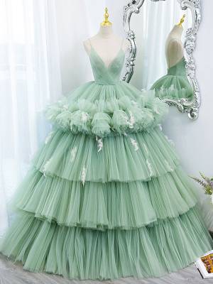 Green Tulle V-neck Long Prom Sweet 16 Dress