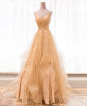 Unique A Line Tulle V-neck Long Prom Dress
