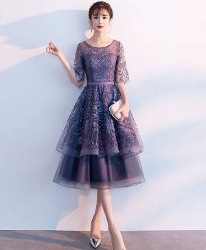 Purple Tulle Lace Scoop Short/Mini Prom Homecoming Dress