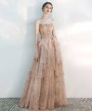 Champagne Tulle Lace Sweetheart Long Prom Dress