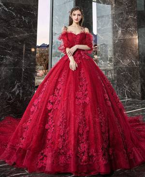 Burgundy Tulle Lace Sweetheart Long Evening Formal Dress