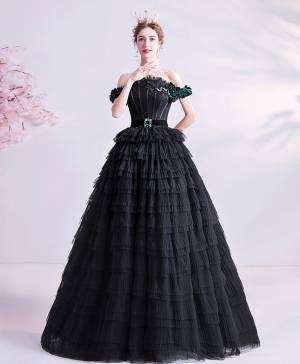 Black Tulle Off-the-shoulder Long Prom Sweet 16 Dress
