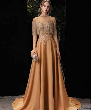 Gold Satin Round Neck With Beads Long Prom Formal Dress