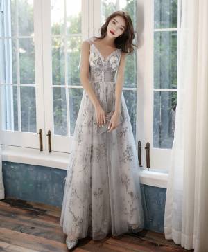 Gray Tulle Lace Long Prom Formal Dress