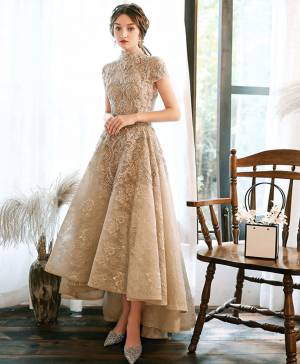 Champagne Lace High Neck Prom Evening Dress