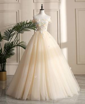 Champagne Tulle Lace Off-the-shoulder Long Prom Sweet 16 Dress