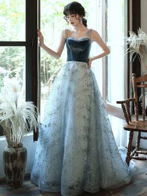 Blue Tulle A-line With Velvet/Beading/Sequin Long Prom Graduation Dress