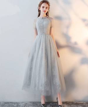Gray Tulle Lace High Neck Prom Evening Dress