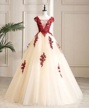 Burgundy Tulle Lace With Beads Long Prom Sweet 16 Dress