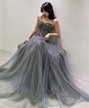 Gray Tulle With Sequin Long Prom Formal Dress