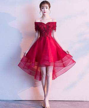 Burgundy Tulle Off-the-shoulder Short/Mini Prom Homecoming Dress