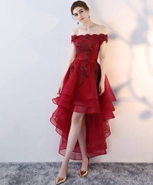 Off-the-shoulder Burgundy Tulle Lace Homecoming Dress