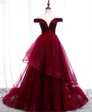 Burgundy Tulle Sweetheart Off-the-shoulder Long Prom Formal Dress