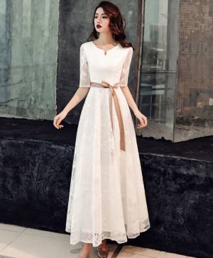 White Lace Tea-length Prom Bridesmaid Dress