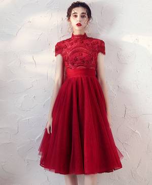 Burgundy Tulle With Beads Short/Mini Prom Homecoming Dress