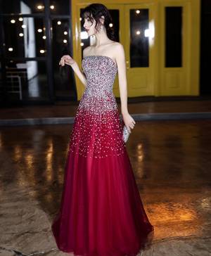 Burgundy Tulle Sweetheart With Sequin Long Prom Formal Dress