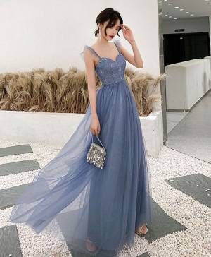 Blue Tulle Simple Long Prom Evening Dress