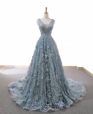 Mermaid V Neck Gray/Blue Tulle Lace Long Evening Dress