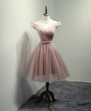 Pink Tulle V-neck Off-the-shoulder Short/Mini Simple Prom Homecoming Dress