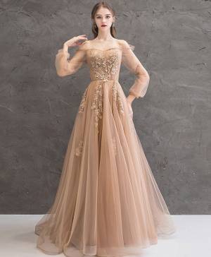 Champagne Tulle Lace Long Prom Evening Dress