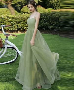Simple Green Tulle Long Prom Evening Dress