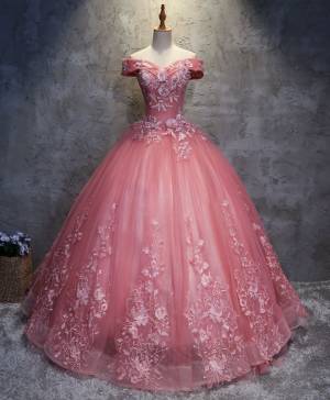 Off-the-shoulder Ball Gown Pink Tulle Long Lace Prom Evening Dress