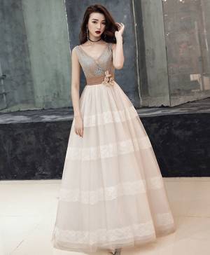 Tulle Lace V-neck Unique Long Prom Formal Dress