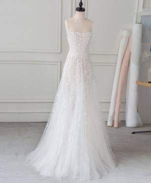 White Tulle Lace Long Prom Evening Dress