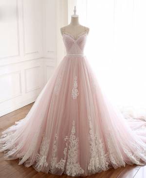 Mermaid V Neck Pink Tulle Prom Evening Dress With Lace