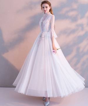 White Tulle Lace High Neck Tea-length Long Prom Bridesmaid Dress