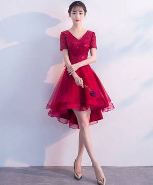 Burgundy Tulle Lace V-neck Short/Mini Prom Homecoming Dress