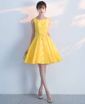 Yellow Lace Short/Mini Cute Prom Homecoming Dress