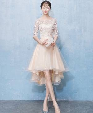 Champagne Tulle Lace High Low Prom Homecoming Dress