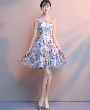 Purple Tulle With Flower Short/Mini Cute Prom Homecoming Dress