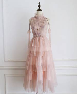 Pink Tulle Lace Prom Homecoming Dress