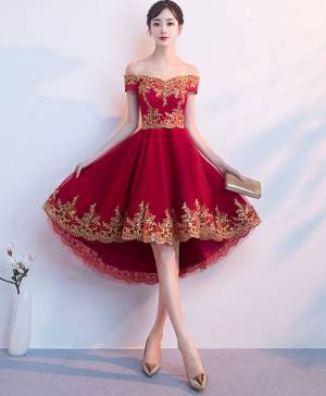 Burgundy Tulle Lace Short/Mini High Low Prom Homecoming Dress