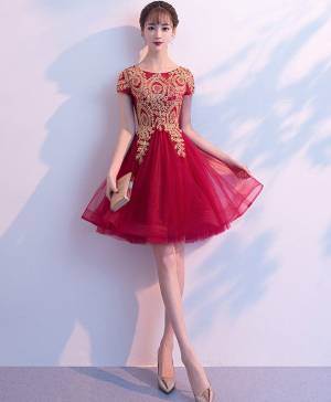 Burgundy Tulle Lace Short/Mini Prom Homecoming Dress